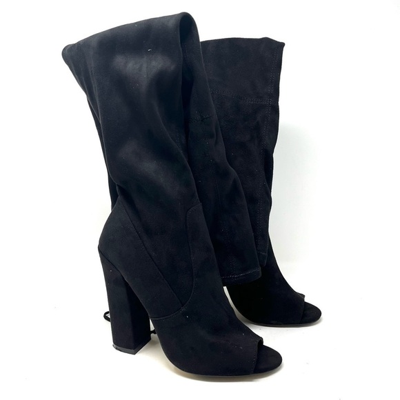 Steve Madden Elliana Peep Toe Over the Knee Boot Heel Black Faux Suede Size 8M - Picture 5 of 11